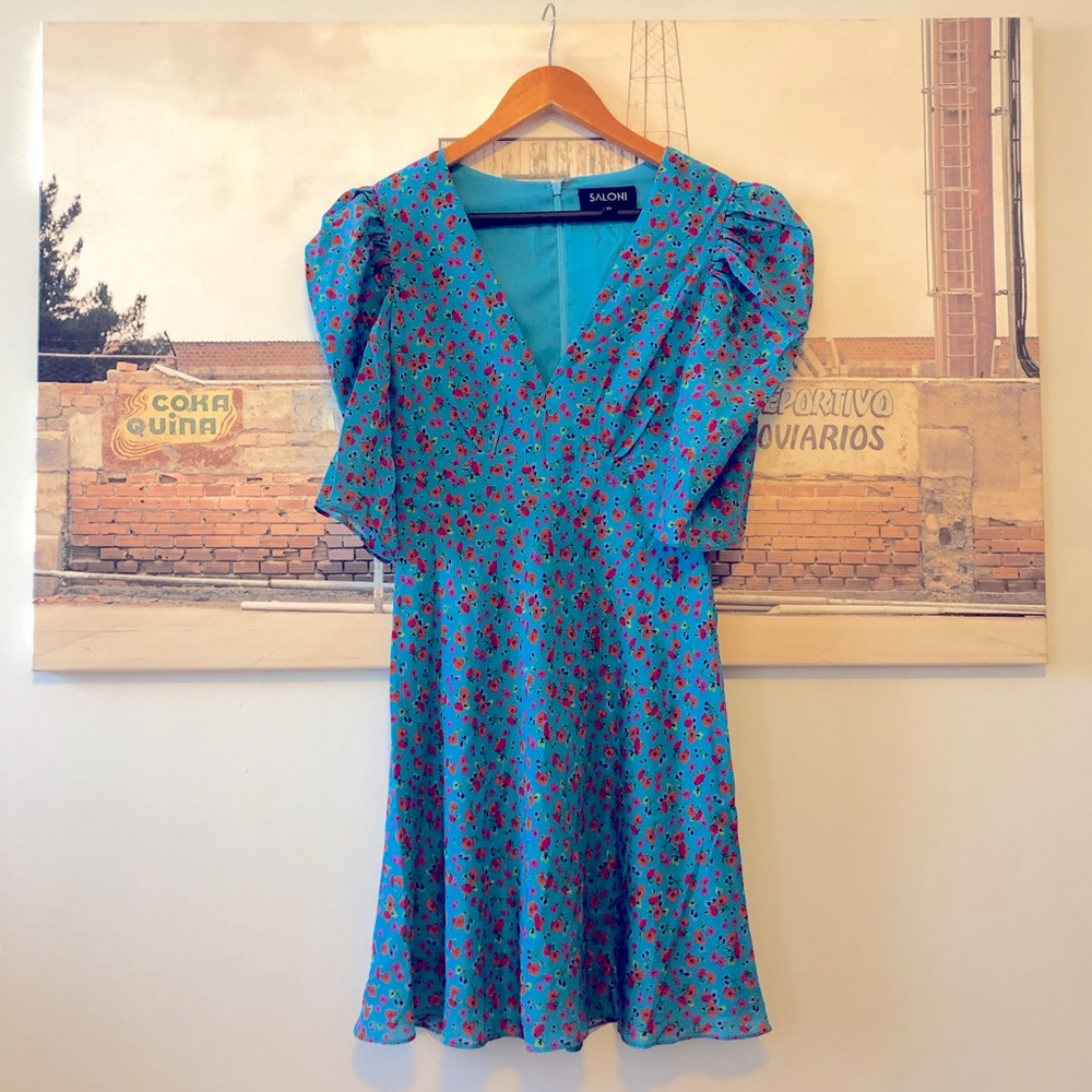 Saloni Turquoise Poppy Print Silk Dress - NWOT